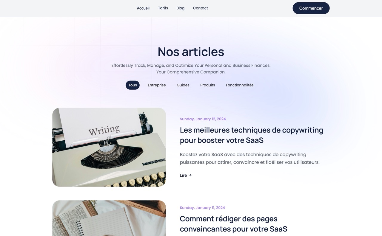 Cette template du CMS Français TOKO épuré et contemporain offre une présentation claire et élégante pour vos articles. Conçu pour une navigation fluide, il met en avant vos contenus tout en étant optimisé pour le SEO, garantissant ainsi une visibilité accrue et une expérience utilisateur optimale.